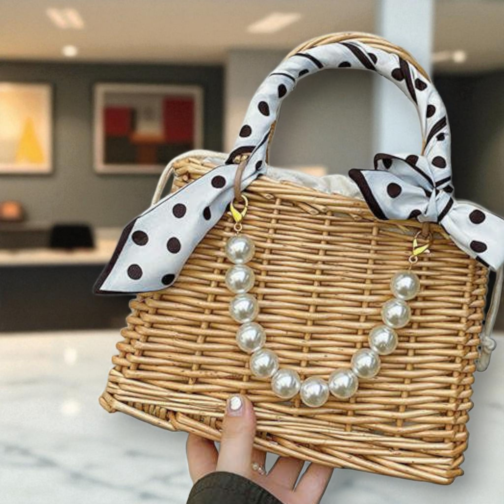 Bolso de mimbre con estampado blanco de Retro Romance Pearl