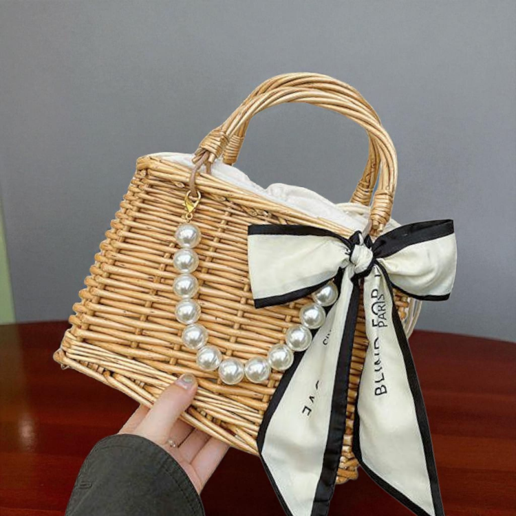 Retro Romance Pearl Wicker Bag White Print