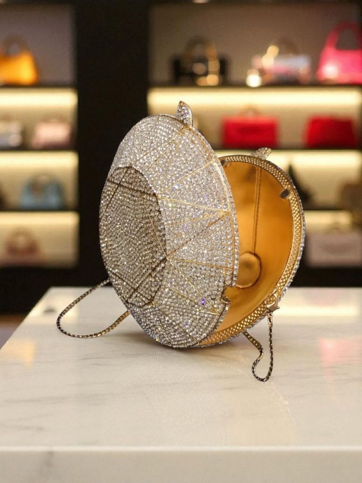 (Copy) Diamond Cut Crystal Clutch – Luxury Round Rhinestone Evening Bag (Silver/Gold, Multi)