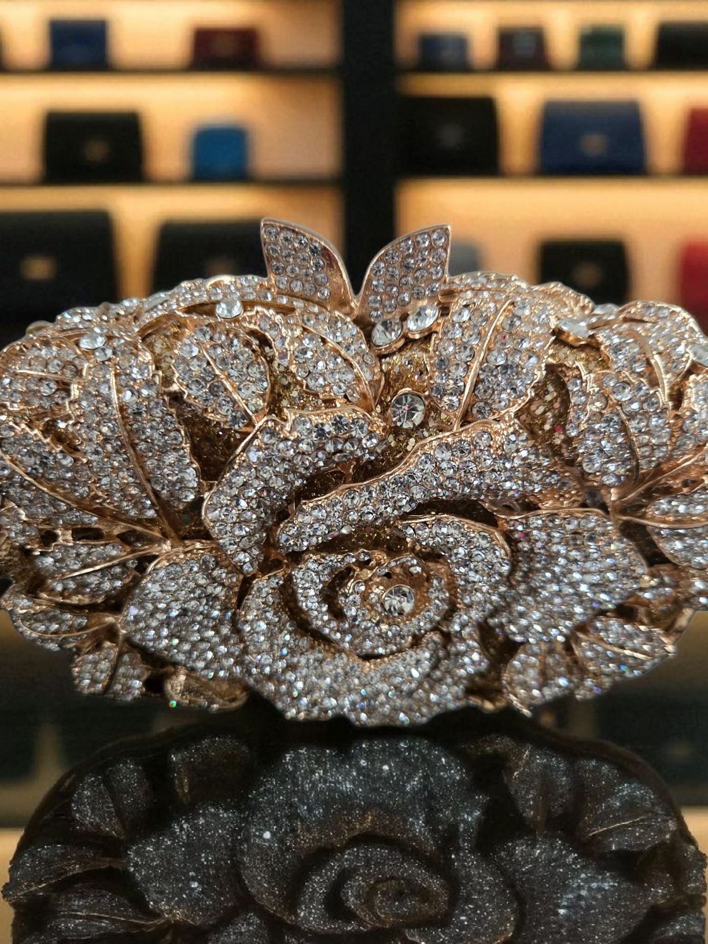 (Copy) Crystal Rose Evening Clutch – Luxury Floral Rhinestone Bag