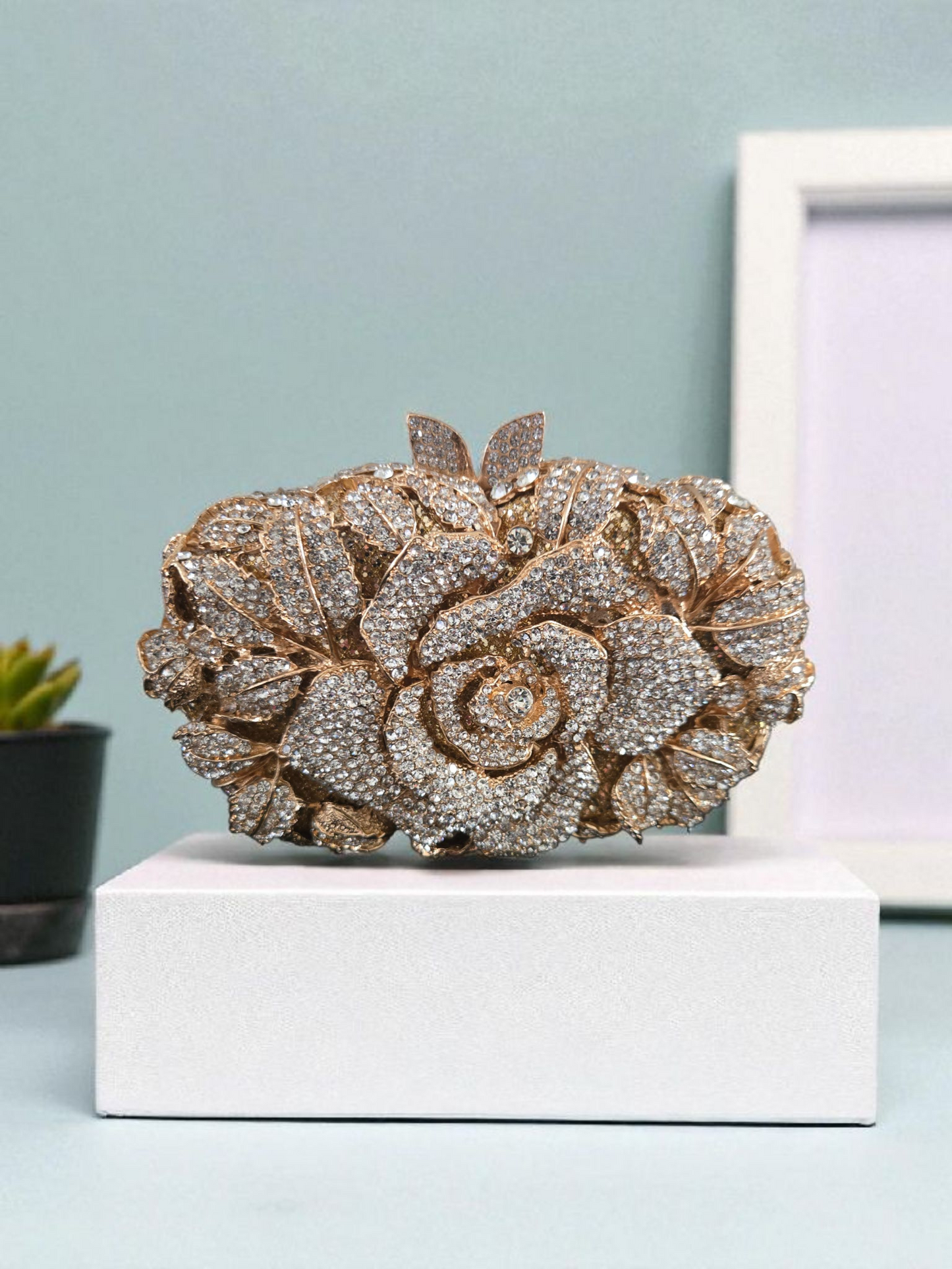 (Copy) Crystal Rose Evening Clutch – Luxury Floral Rhinestone Bag