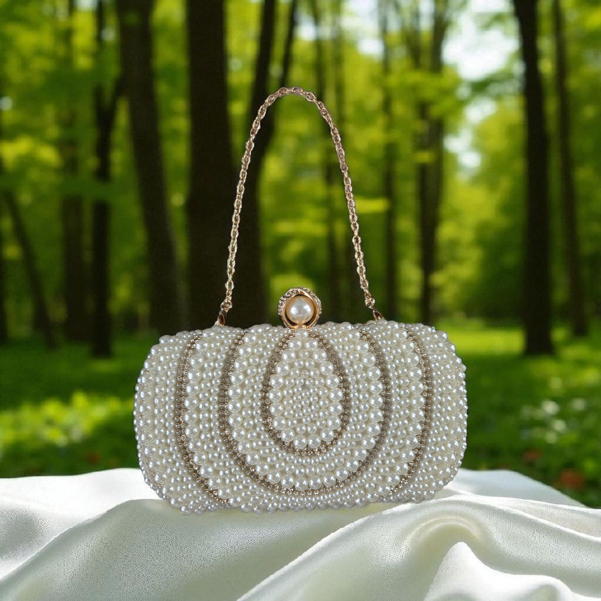 Bolso de mano con cuentas de perlas y correa de cadena – Elegante bolso de novia