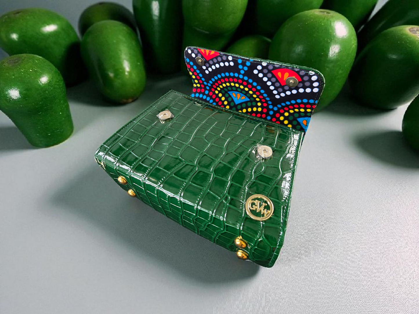 GVW Croc-Embossed Chain Shoulder Bag with Ankara Lining – Luxury Crossbody (Blue, Red, Green, Black)