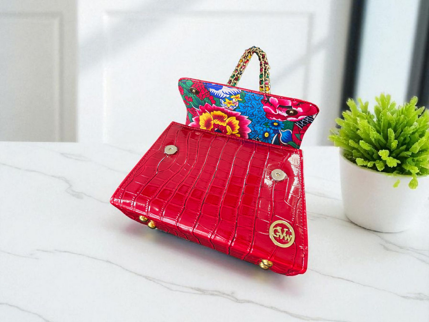 GVW Croc-Embossed Chain Shoulder Bag with Ankara Lining – Luxury Crossbody (Blue, Red, Green, Black)