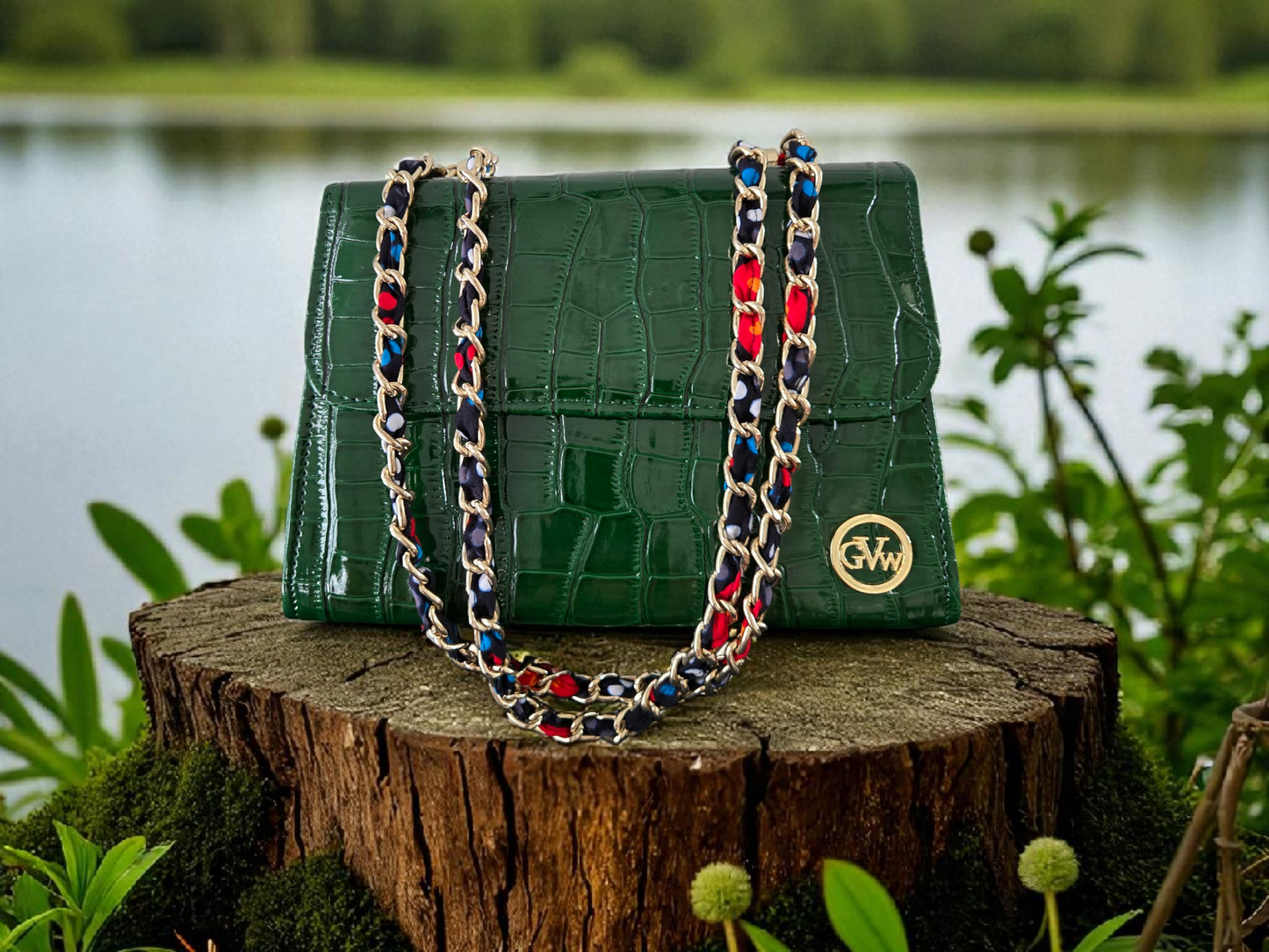 GVW Croc-Embossed Chain Shoulder Bag with Ankara Lining – Luxury Crossbody (Blue, Red, Green, Black)