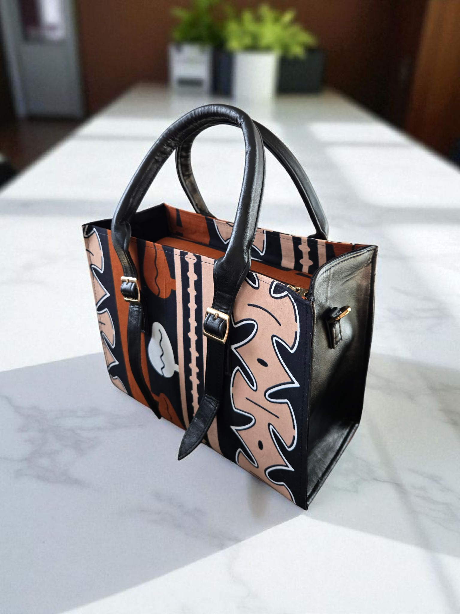 African Print Tote Handbag with Leather Straps – Modern Heritage Bag