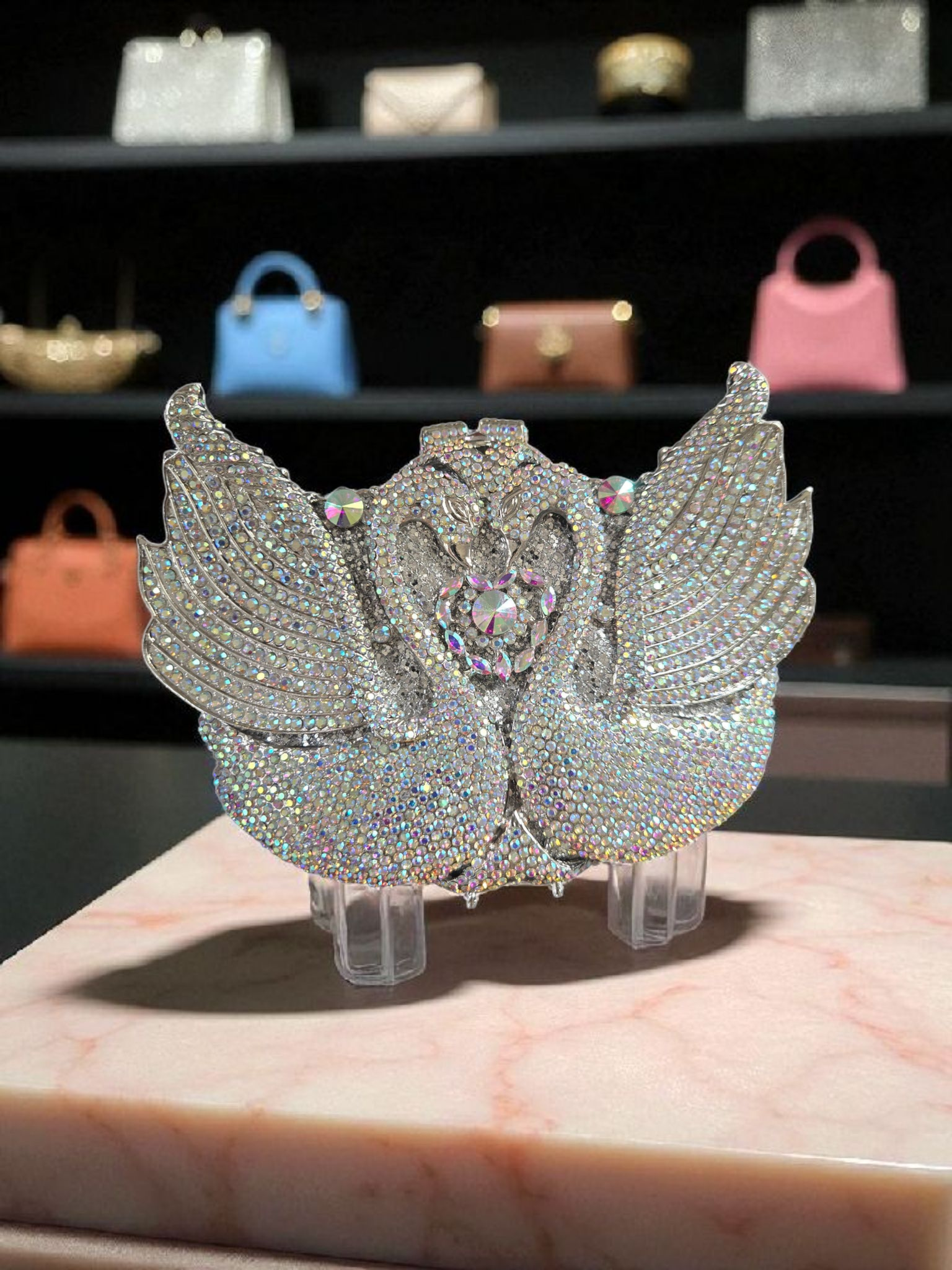 Swan Crystal Clutch – Luxury Evening Handbag (Pink, Black, Gold, Silver)