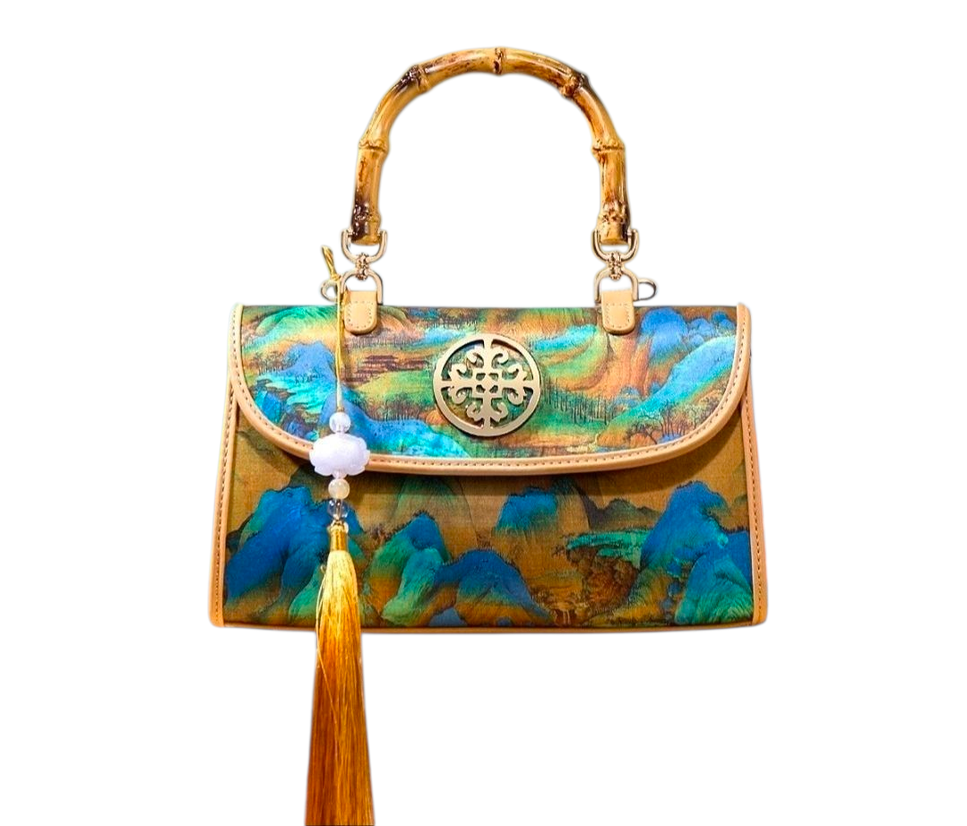 Luxury Bamboo Handle Handbag with Tassel – Artistic Landscape Print