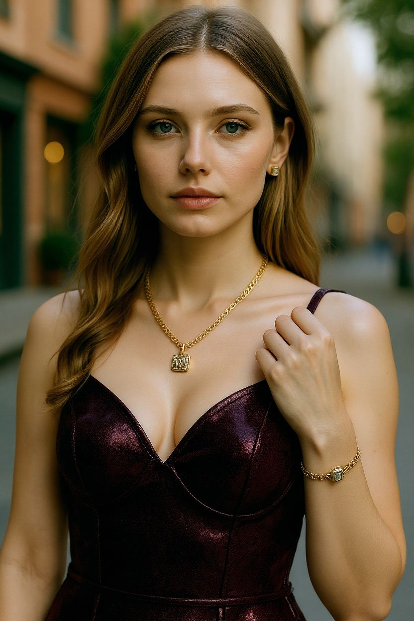 Gold Plated Square Pendant Jewelry Set – Necklace, Earrings & Bracelet