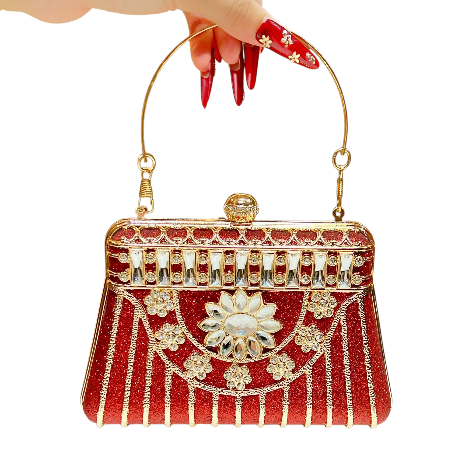 Royal Red Crystal Clutch – Luxury Evening Handbag with Gold & Jewel Accents