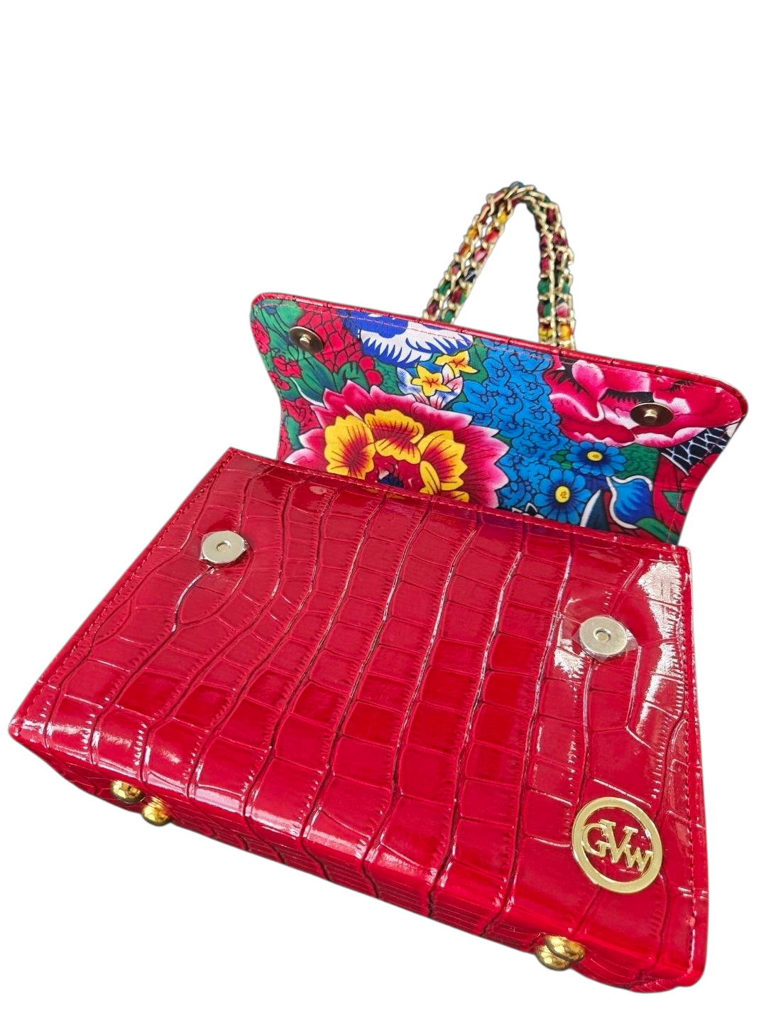 GVW Croc-Embossed Chain Shoulder Bag with Ankara Lining – Luxury Crossbody Red