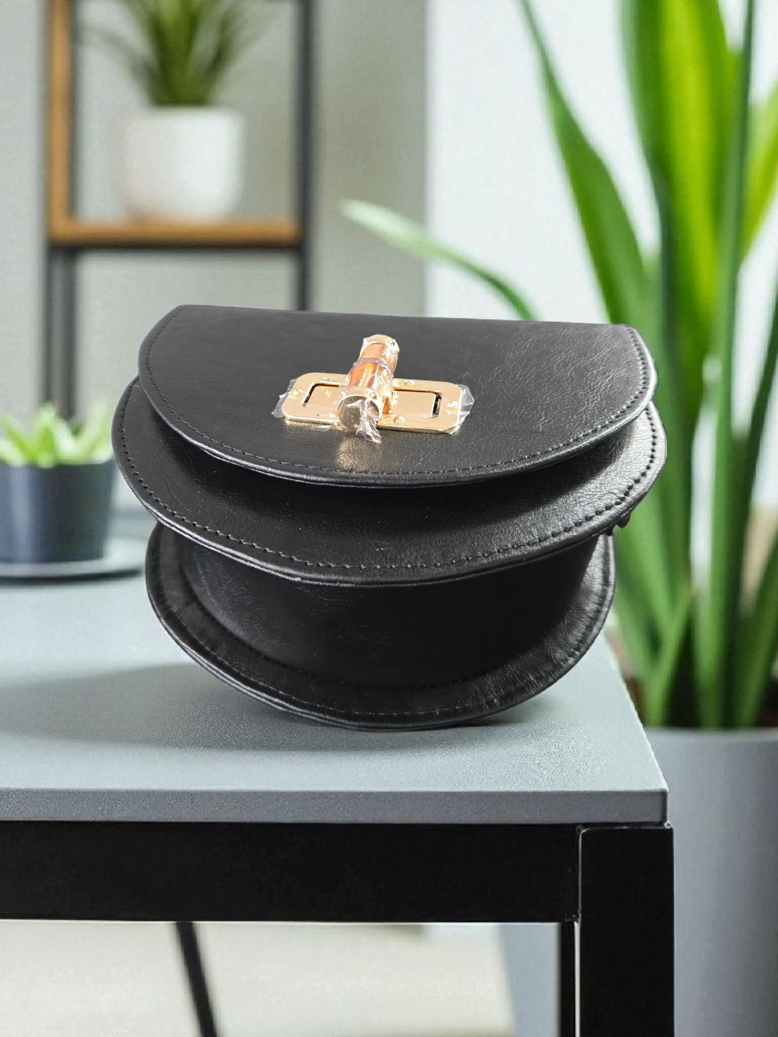 Black Bamboo Handle Half-Moon Bag – Elegant Leather Handbag by Gidi Vibes Woman