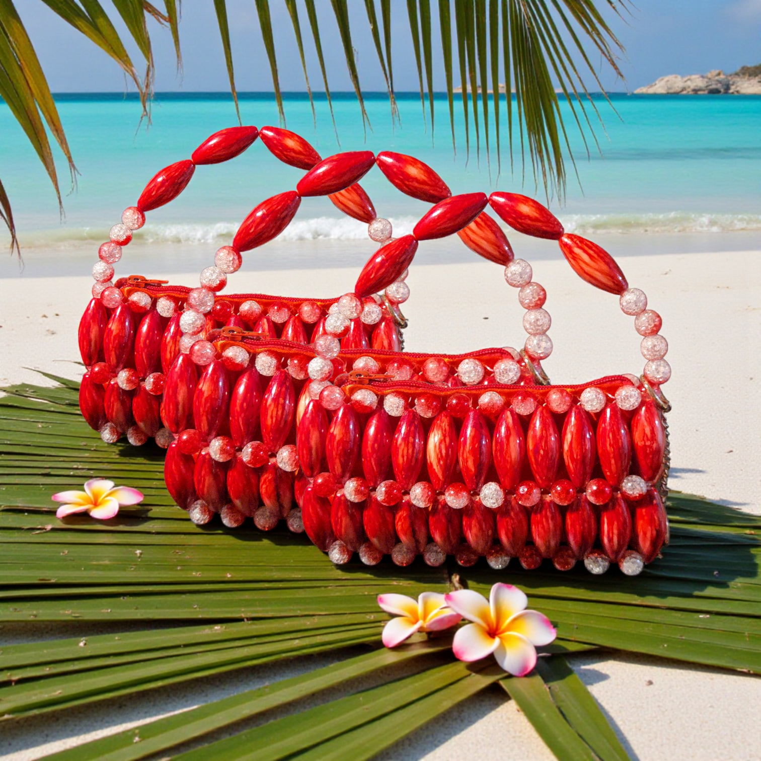 Beaded Pearl Handle Handbag- Brown, Multicolor, Ruby