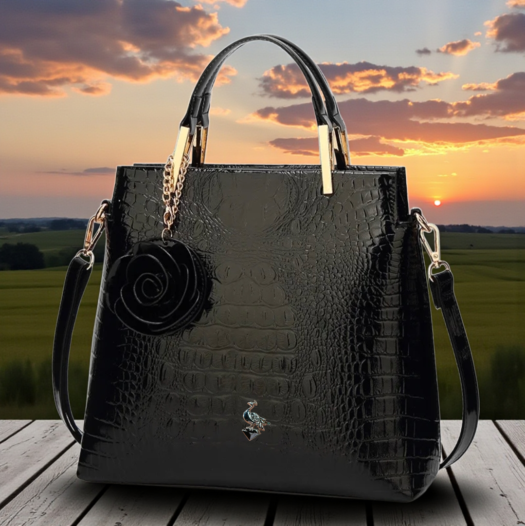 Midnight Luxe Croc-Embossed Tote with Floral Charm & Gold Hardware | House of GVHD