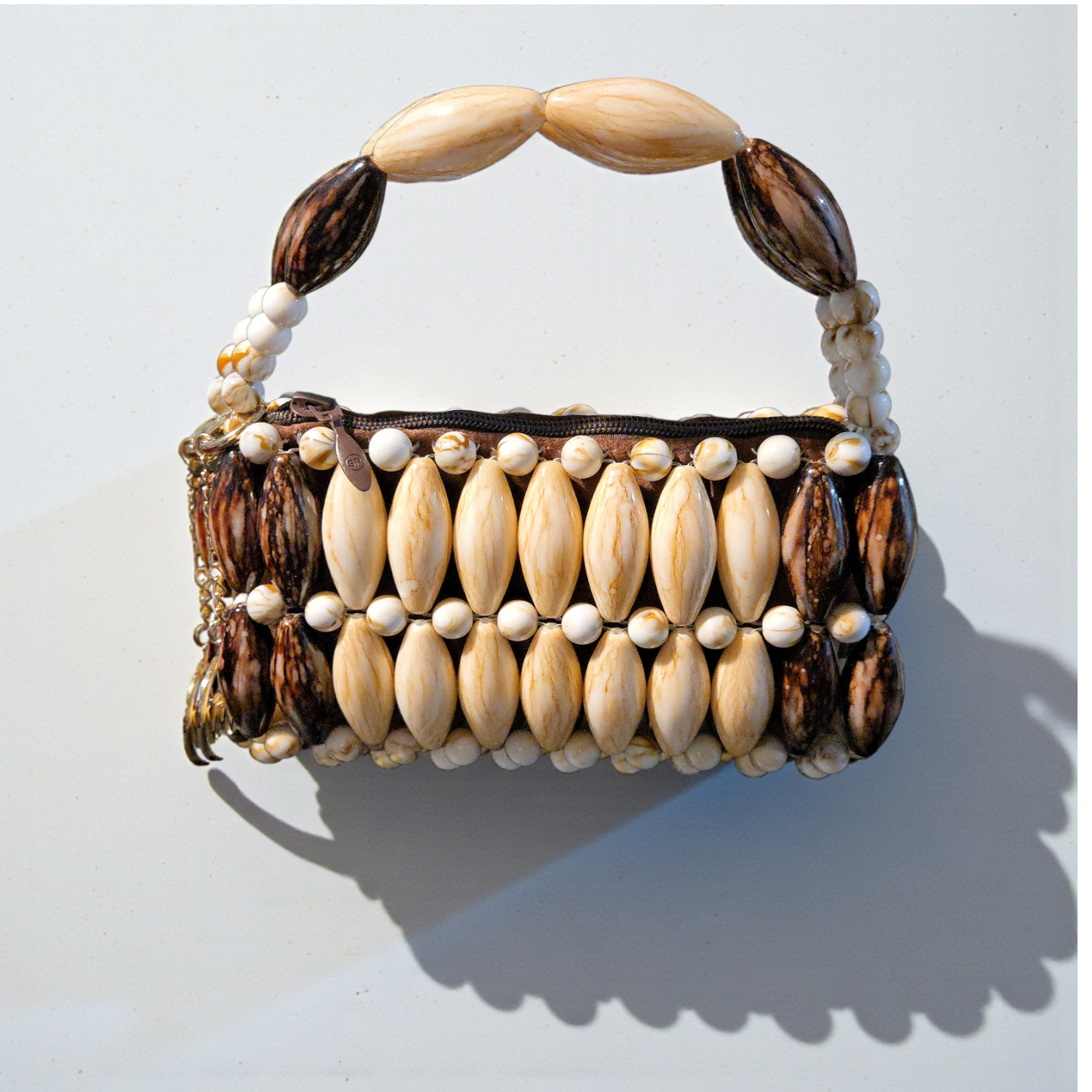 Beaded Pearl Handle Handbag- Brown, Multicolor, Ruby