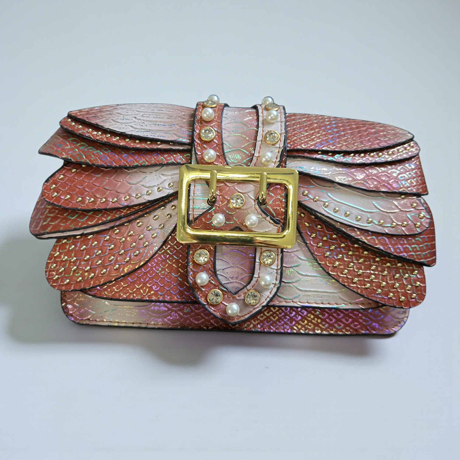 Aurora Pearl-Embellished Leather Crossbody Bag – Iridescent Statement Handbag