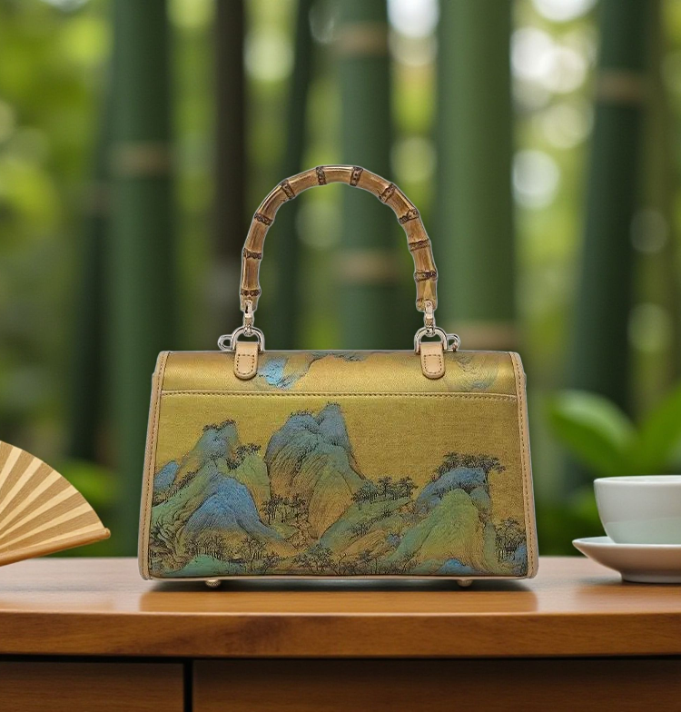 Luxury Bamboo Handle Handbag with Tassel – Artistic Landscape Print