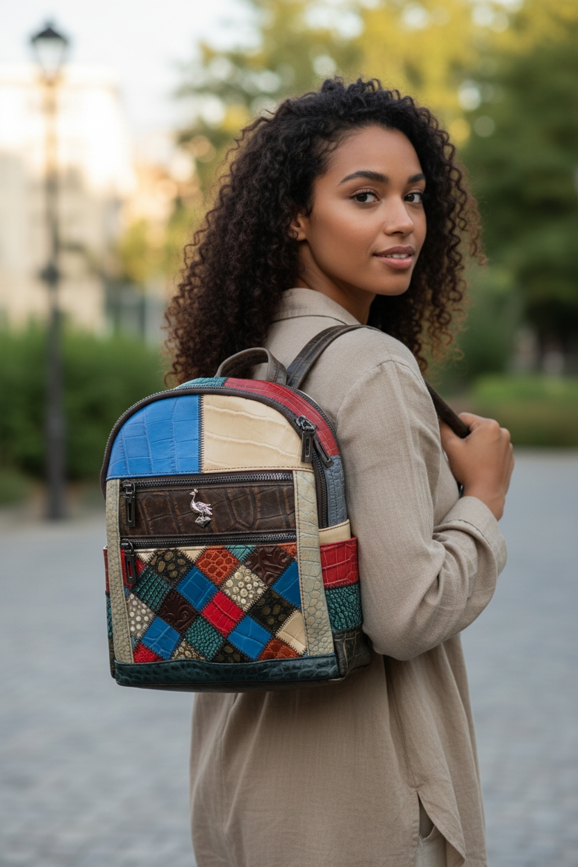 Genuine Leather Patchwork Backpack – Multicolor Exotic Texture Travel Bag