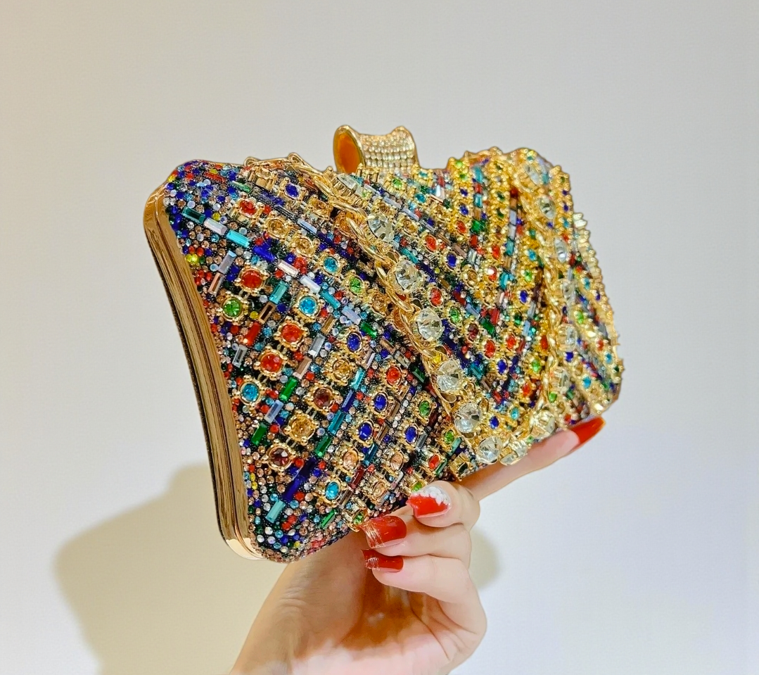 Multicolor Crystal Clutch with Gold Chain Strap – Luxury Statement Evening Bag | House of GVHD