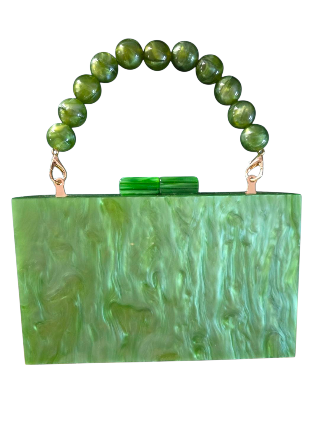 Green Marbled Acrylic Clutch with Beaded Handle & Gold Chain