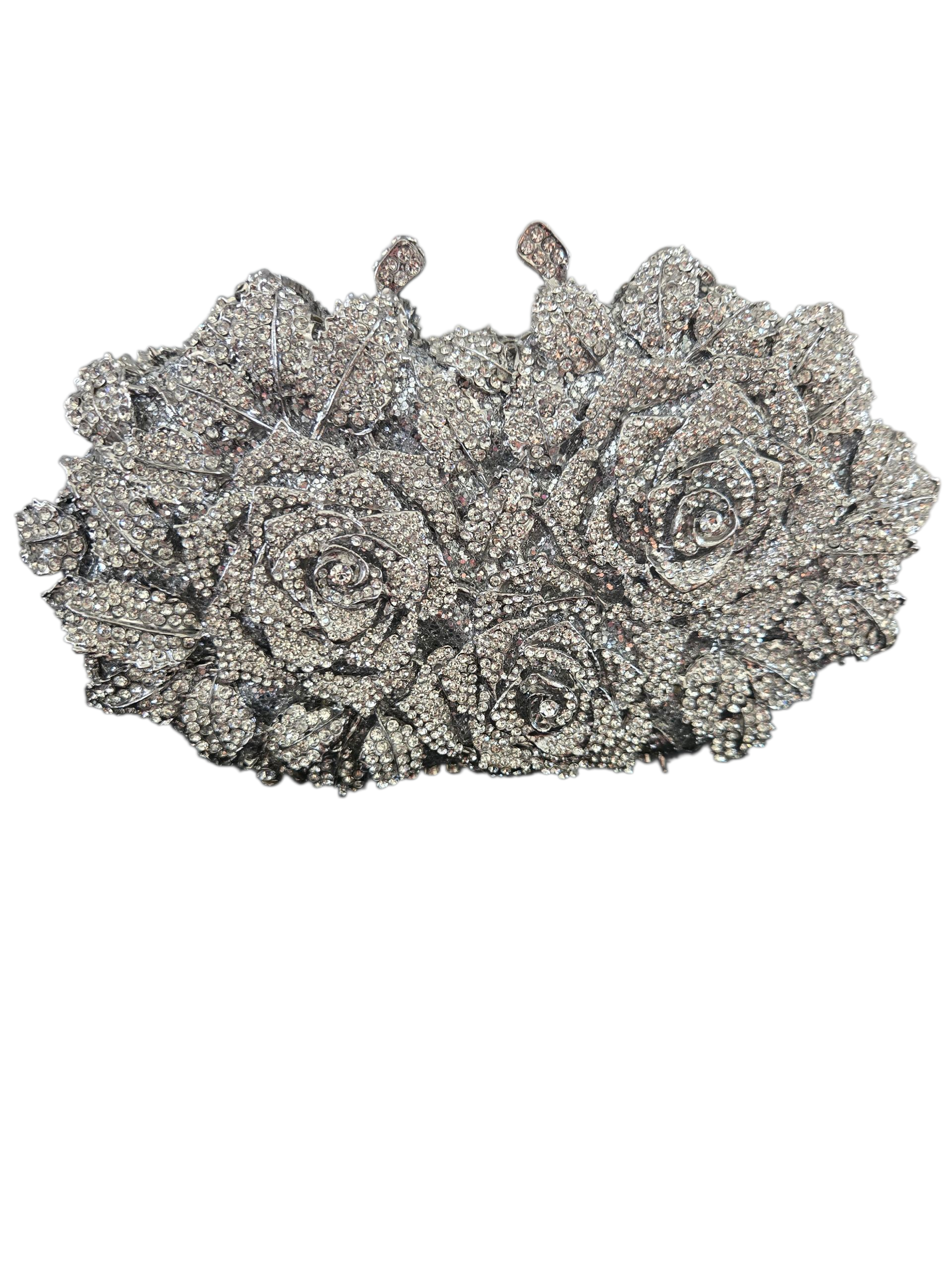 Crystal Rose Garden Clutch – Luxury Floral Evening Bag Silver