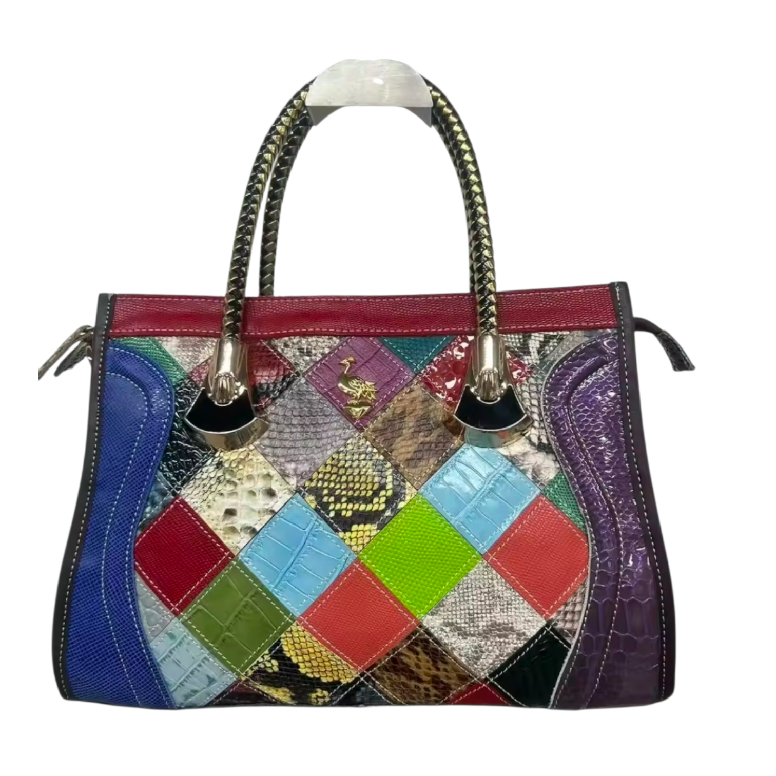 Genuine Leather Patchwork Tote – Multicolor Exotic Texture Handbag