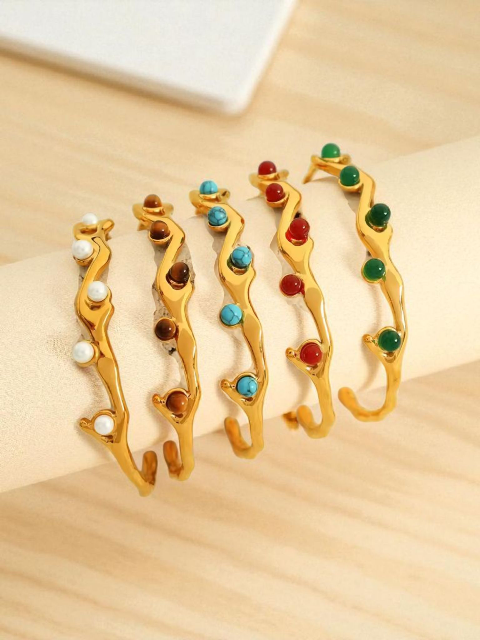 Gold Cuff Bracelets with Gemstone Accents – Adjustable Bangles. Sold Individually