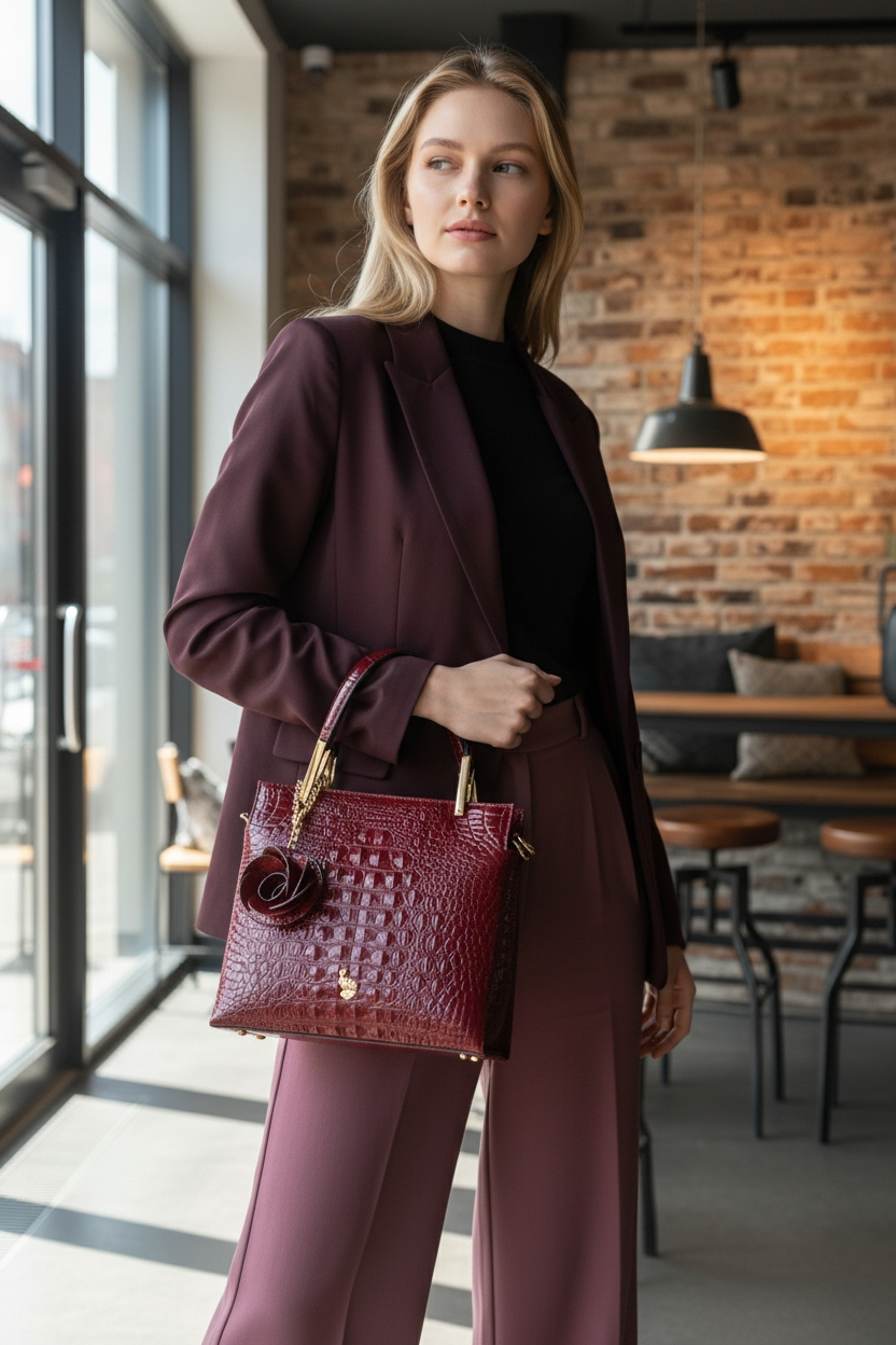 Midnight Luxe Croc-Embossed Tote with Floral Charm & Gold Hardware | House of GVHD