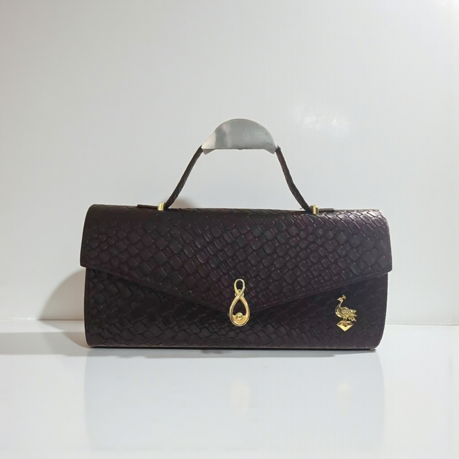 Chocolate Brown PU Leather Handbag – Textured Top Handle Shoulder Bag