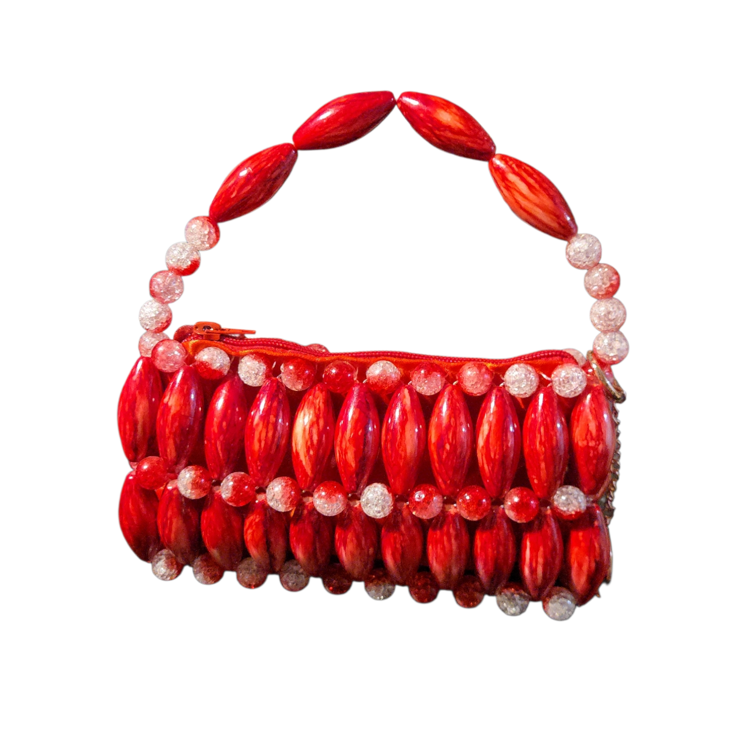 Beaded Pearl Handle Handbag- Brown, Multicolor, Ruby