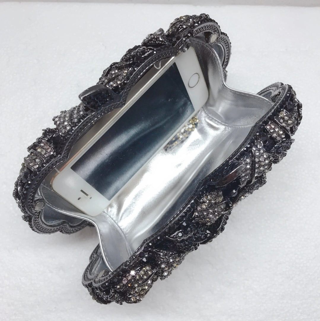 Crystal Rose Evening Clutch – Luxury Floral Rhinestone Bag Black