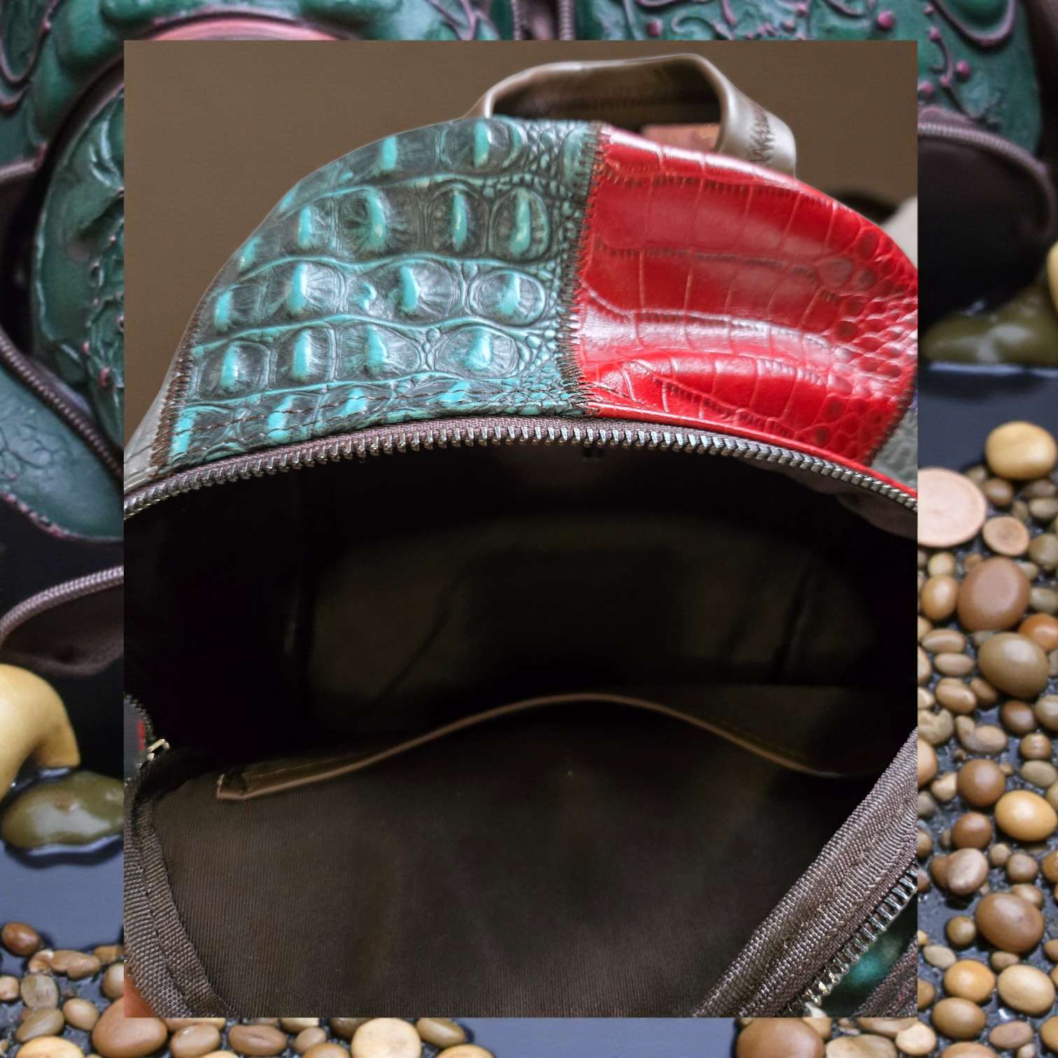 Genuine Leather Patchwork Backpack – Multicolor Exotic Texture Travel Bag