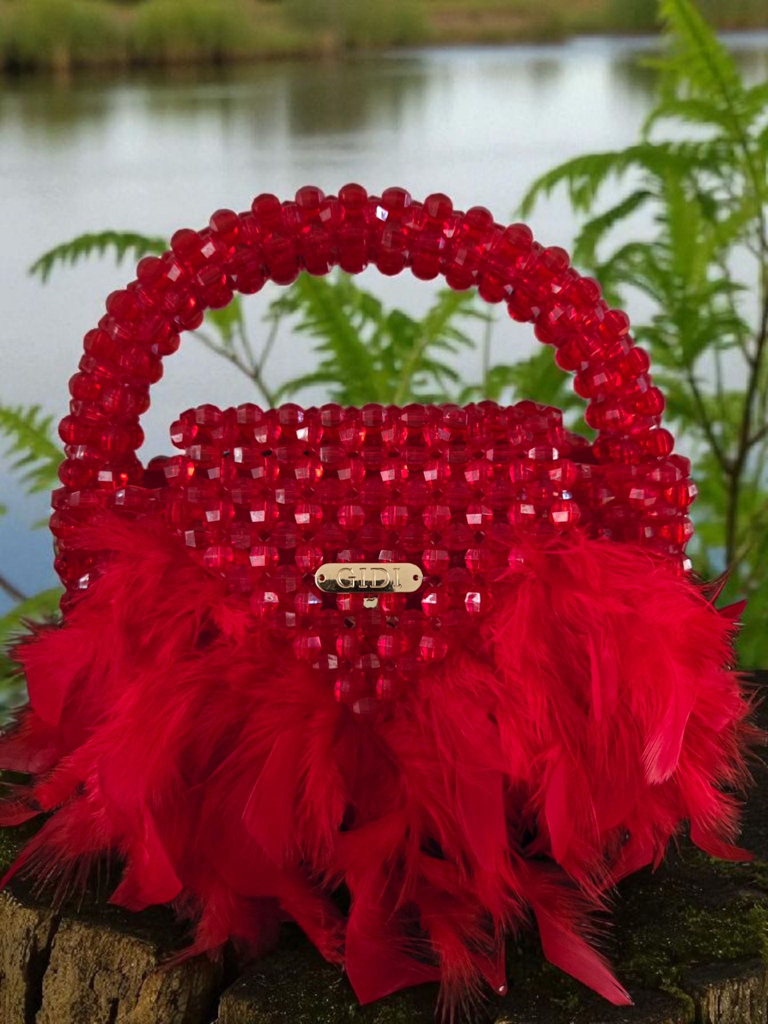 Gidi Vibes Beaded Feather Handbag – Luxury Statement Bag Red