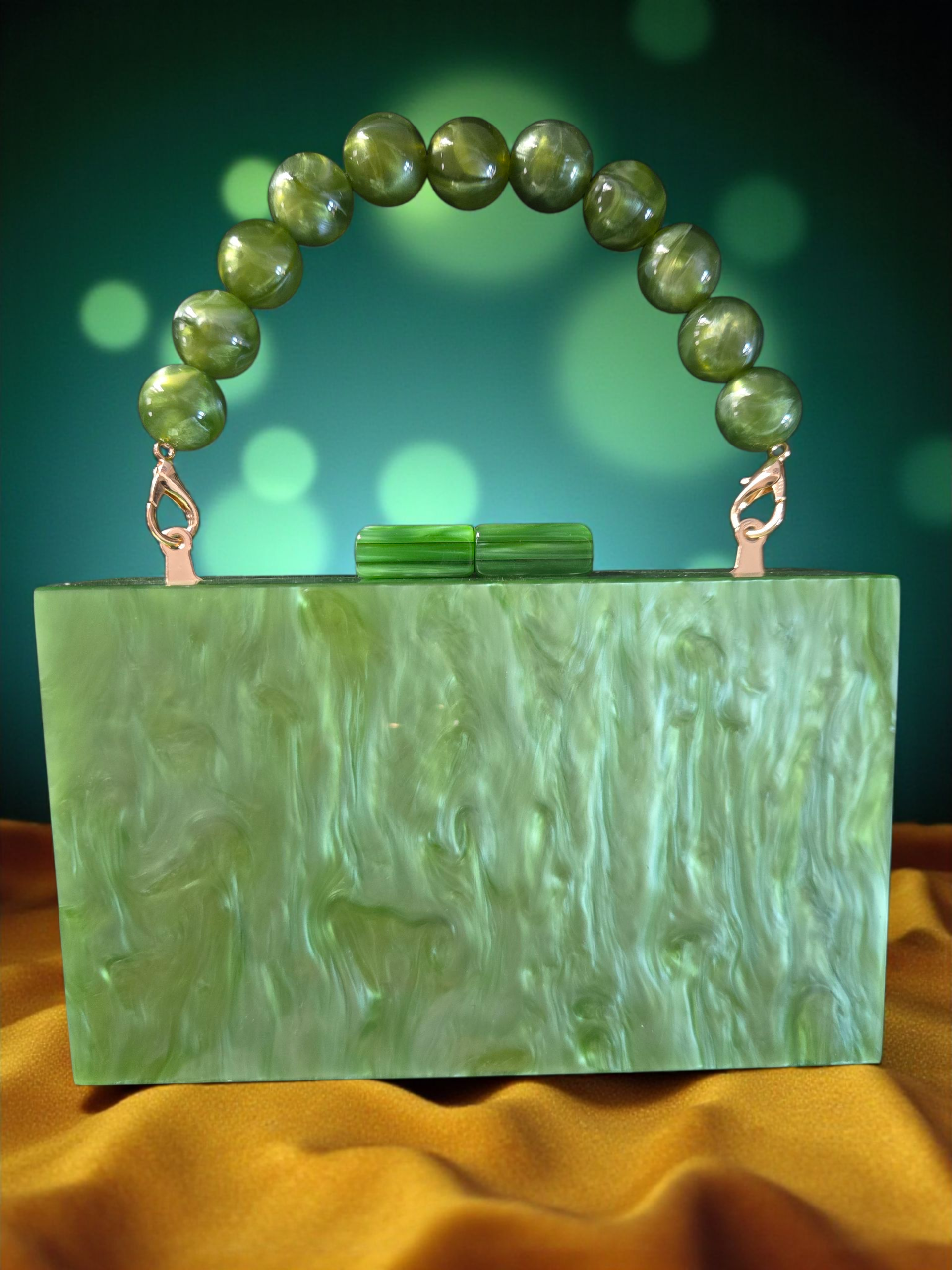 Green Marbled Acrylic Clutch with Beaded Handle & Gold Chain