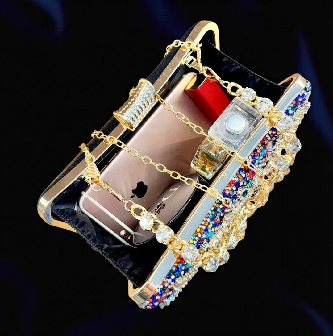 Multicolor Crystal Clutch with Gold Chain Strap – Luxury Statement Evening Bag | House of GVHD