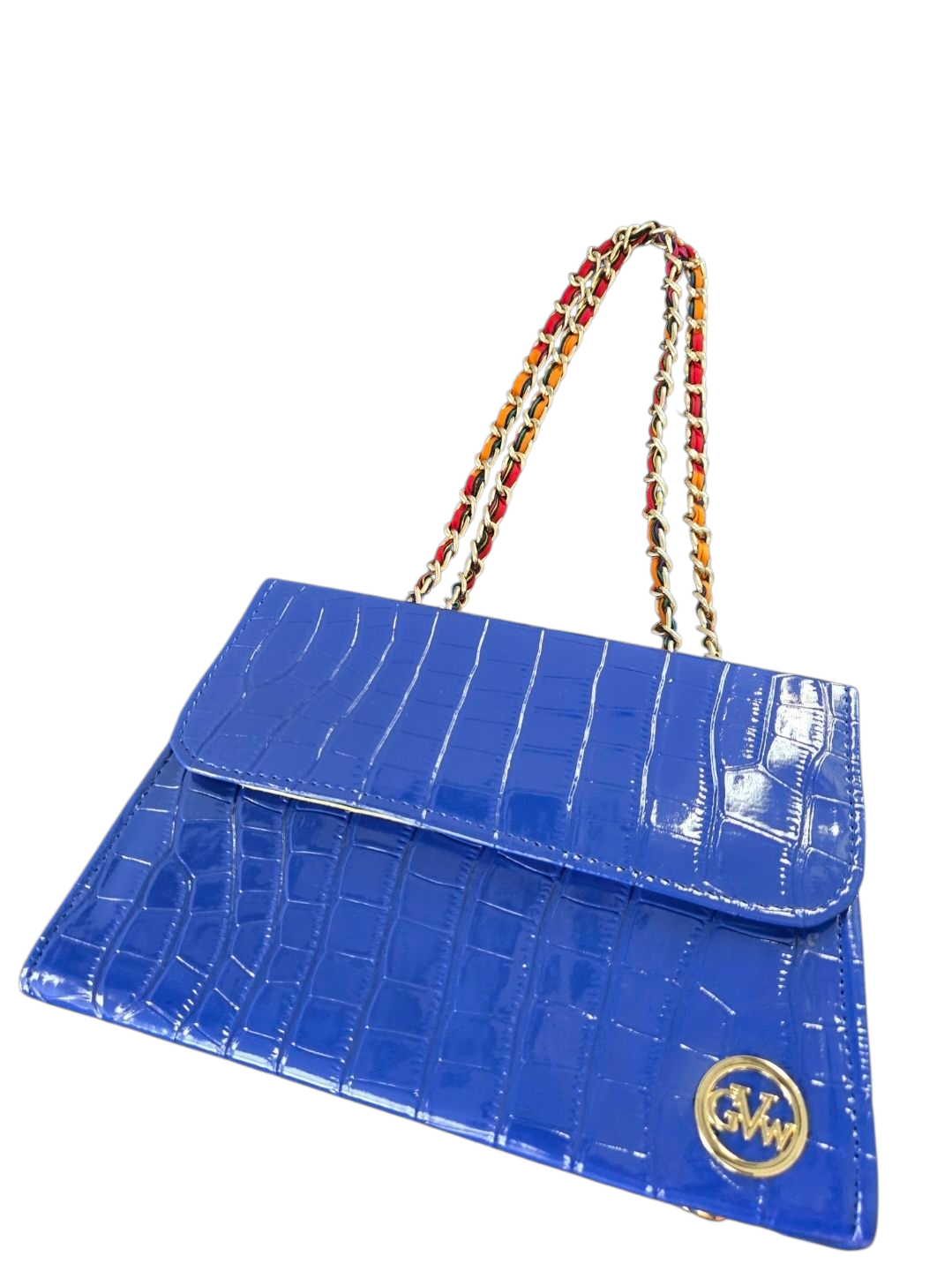GVW Croc-Embossed Chain Shoulder Bag with Ankara Lining – Luxury Crossbody Blue