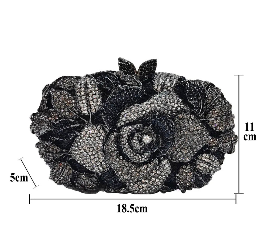 Crystal Rose Evening Clutch – Luxury Floral Rhinestone Bag Black