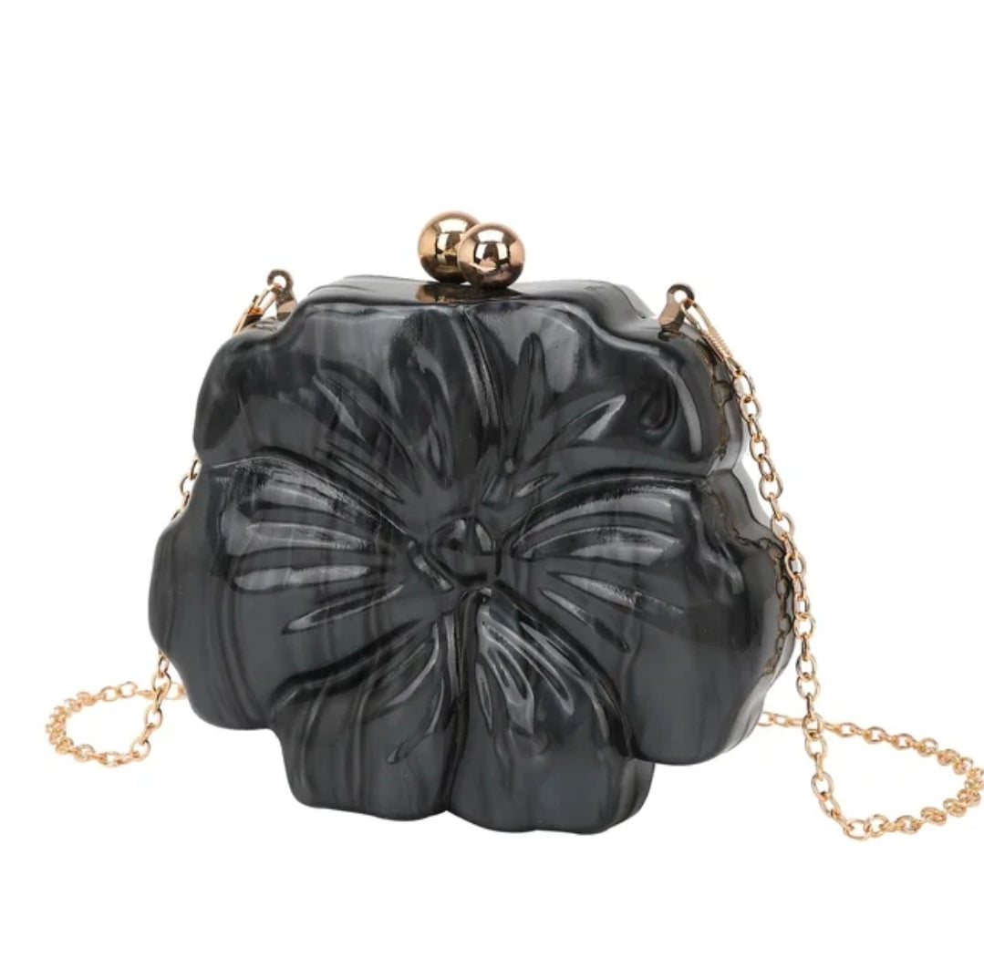 Black Flower Clutch – Sculpted Acrylic Evening Bag with Gold Kiss-Lock