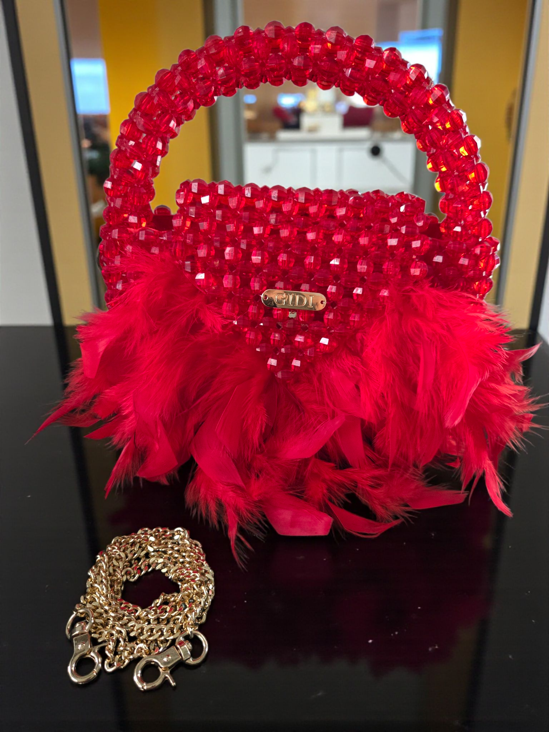 Gidi Vibes Beaded Feather Handbag – Luxury Statement Bag Red