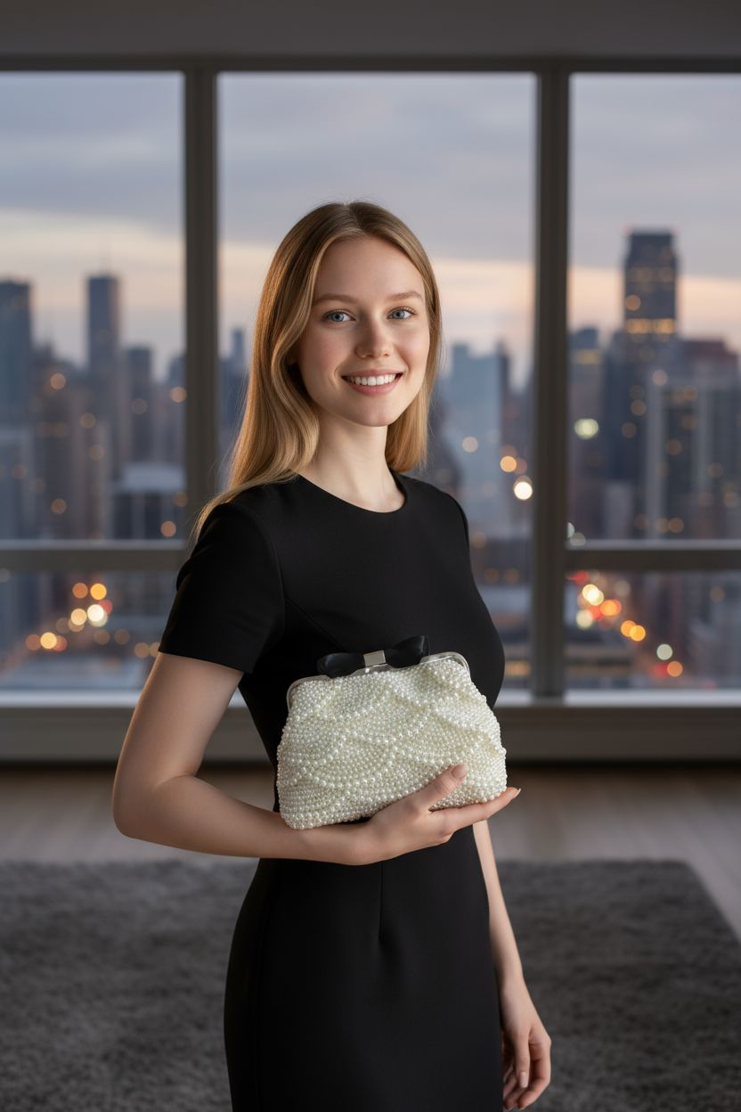 Pearl Beaded Handbag with Black Bow – Elegant Bridal Purse
