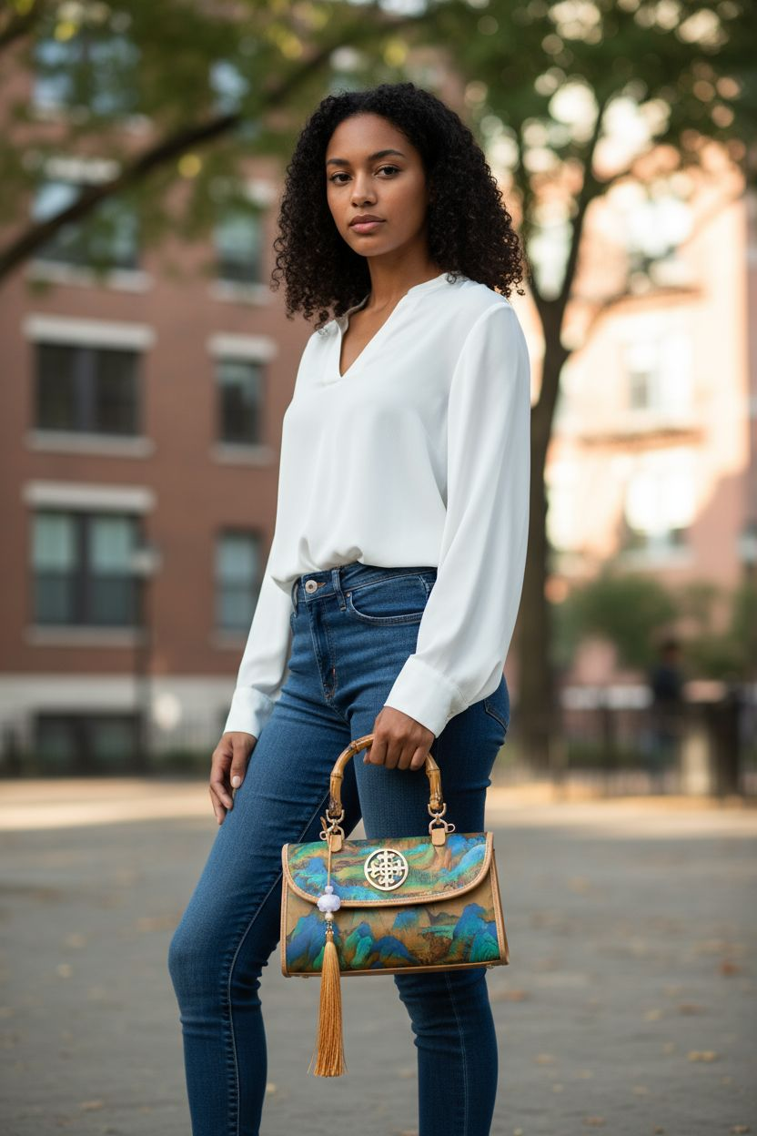 Luxury Bamboo Handle Handbag with Tassel – Artistic Landscape Print