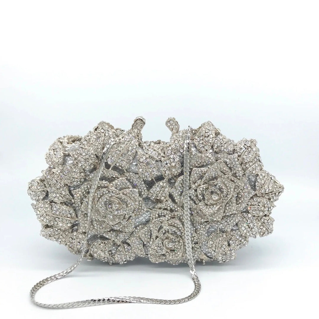 Crystal Rose Garden Clutch – Luxury Floral Evening Bag Silver