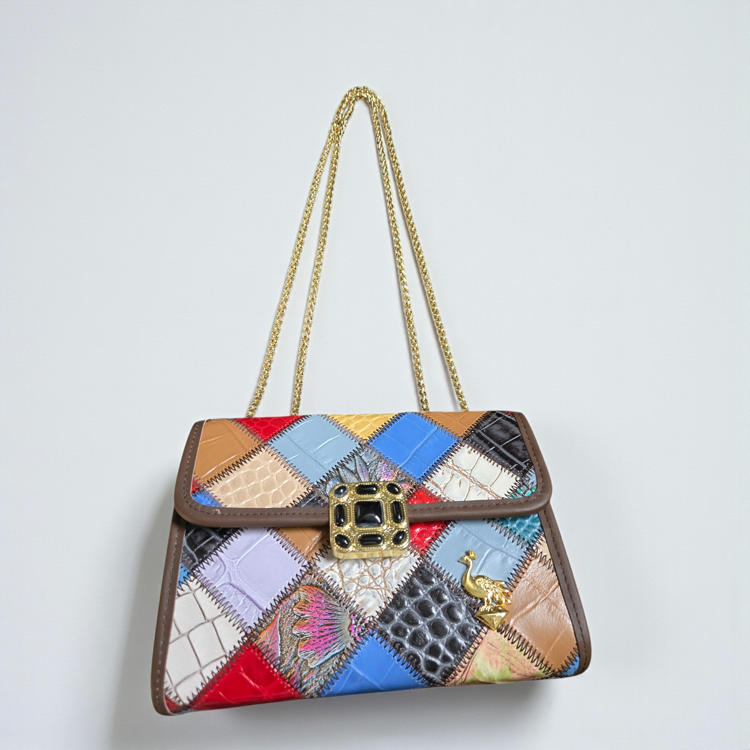 Genuine Leather Patchwork Crossbody Bag – Multicolor Exotic Texture Purse