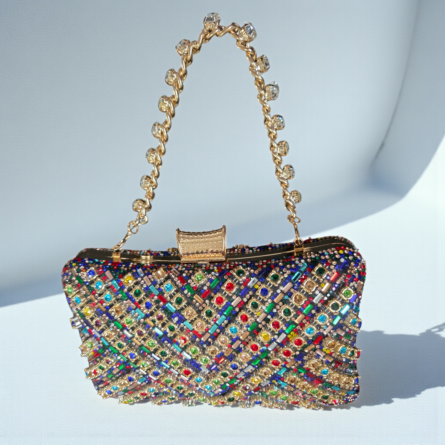 Multicolor Crystal Clutch with Gold Chain Strap – Luxury Statement Evening Bag | House of GVHD