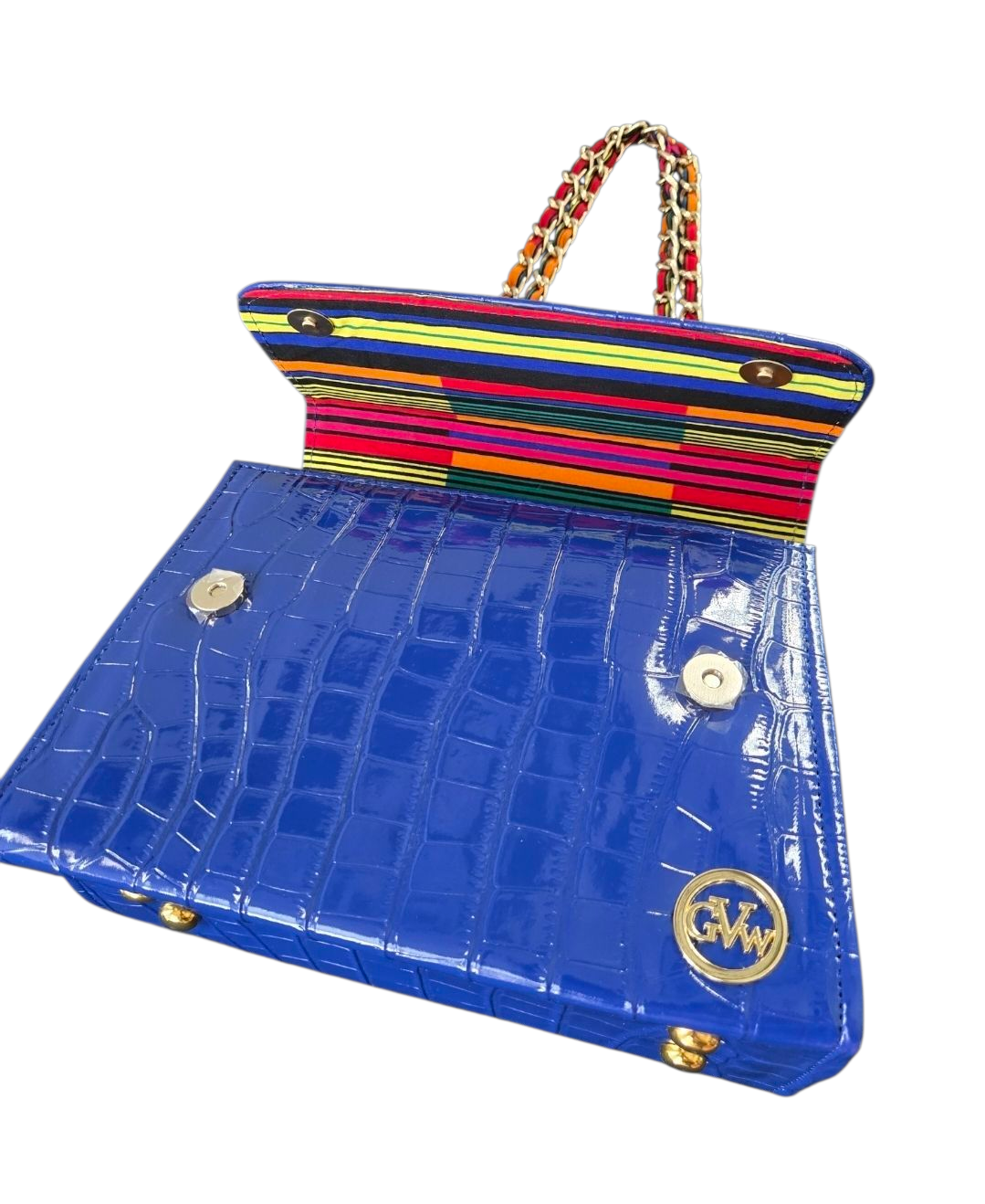 GVW Croc-Embossed Chain Shoulder Bag with Ankara Lining – Luxury Crossbody Blue