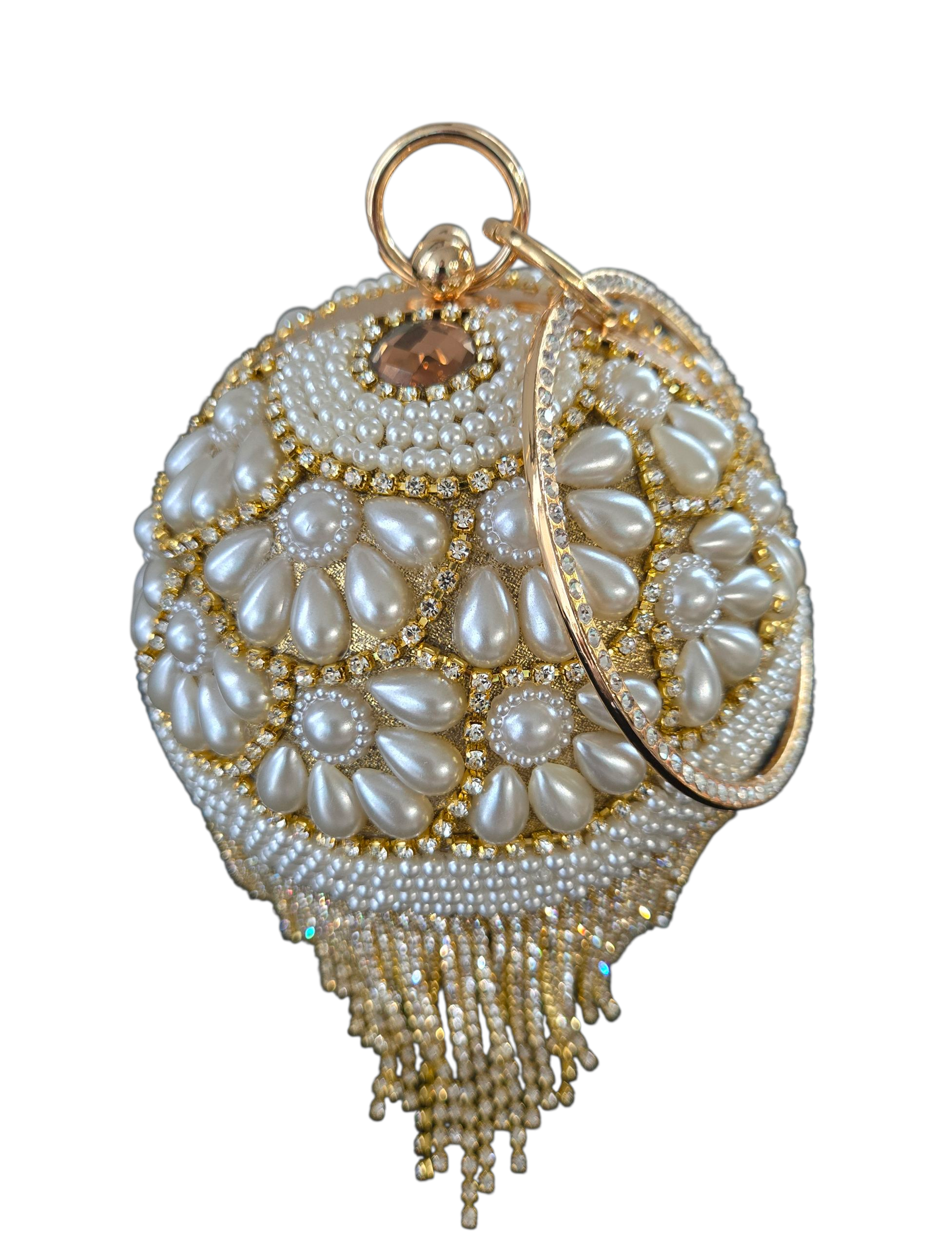 Bolso de mano de lujo para novia con flecos dorados y perlas florales.