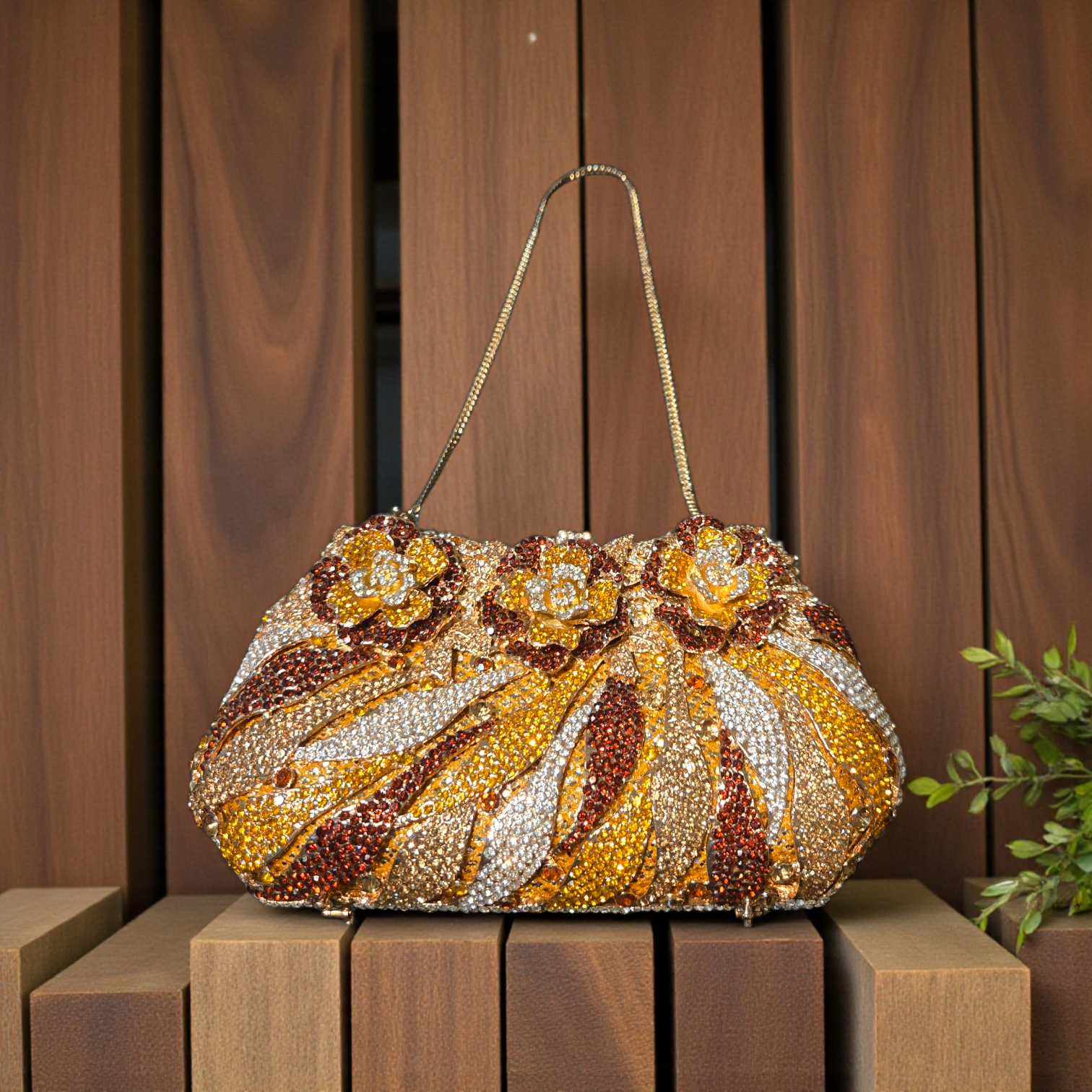 The Gilded Bloom Crystal Clutch – Floral Couture Evening Bag