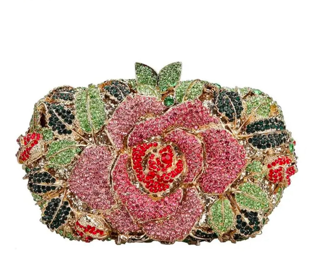 Crystal Rose Evening Clutch – Luxury Floral Rhinestone Bag Multicolor