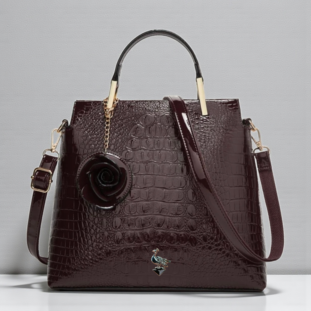 Midnight Luxe Croc-Embossed Tote with Floral Charm & Gold Hardware | House of GVHD