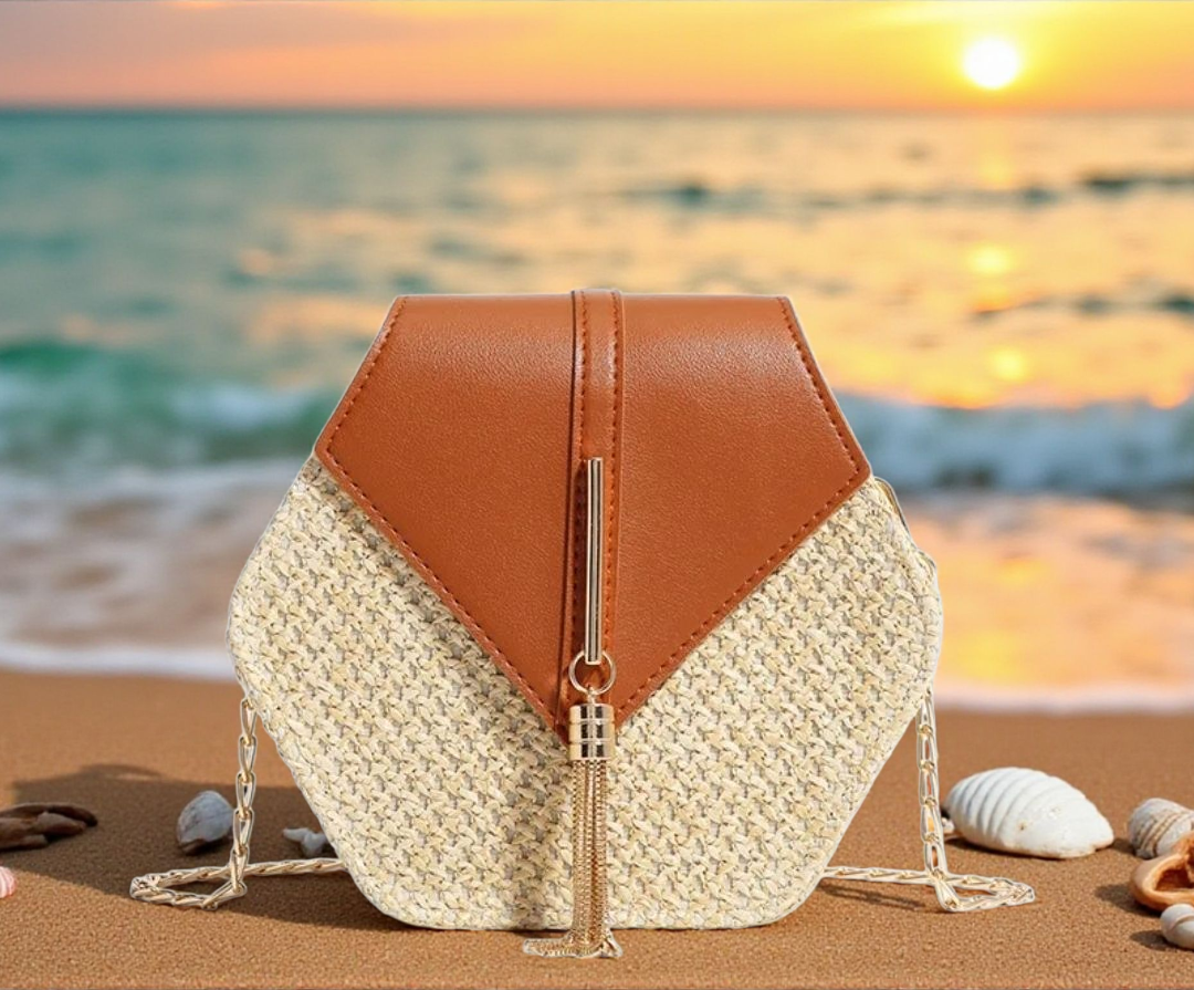 Hexagon Woven Crossbody Bag with Tassel – Beach Chic Black & Brown